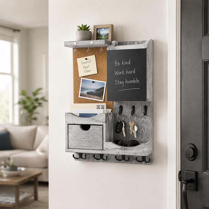 Key Holder Wall Mount， Mail Organizer Key Holder for Wall with Shelf, Drawer, Chalkboard, Corkboard, Home Decor Wall Mounted for Room Entryway(Grey) - Image 3