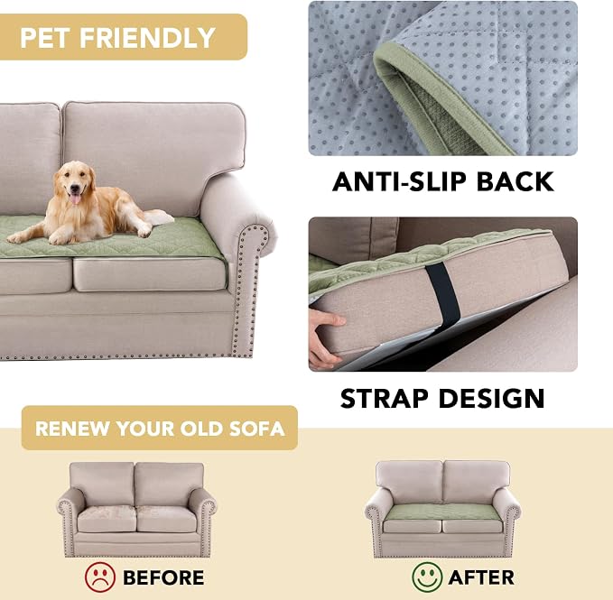 H.VERSAILTEX Couch Cover Chenille Pet Fuzzy Sofa Covers for 2 Cushion Couch Anti Slip Washable Sofa Slipcovers with Strap Soft Couch Protector Cover for Dogs Cats Kids(27.6" x 59", Tender Green) - Image 4