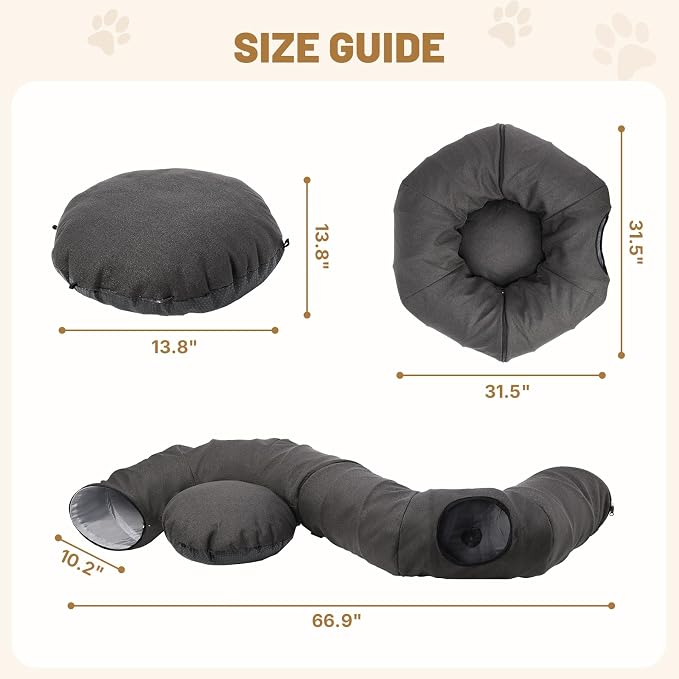 Cat Tunnel Bed for Indoor Cats, Cooling Natural Linen Cat Tunnel, Breathable 29.5in Kitten Toys Cat Tunnel with Washable Mat, Round Pet Tunnel for Kittens, Squirrels Dark Grey - Image 5