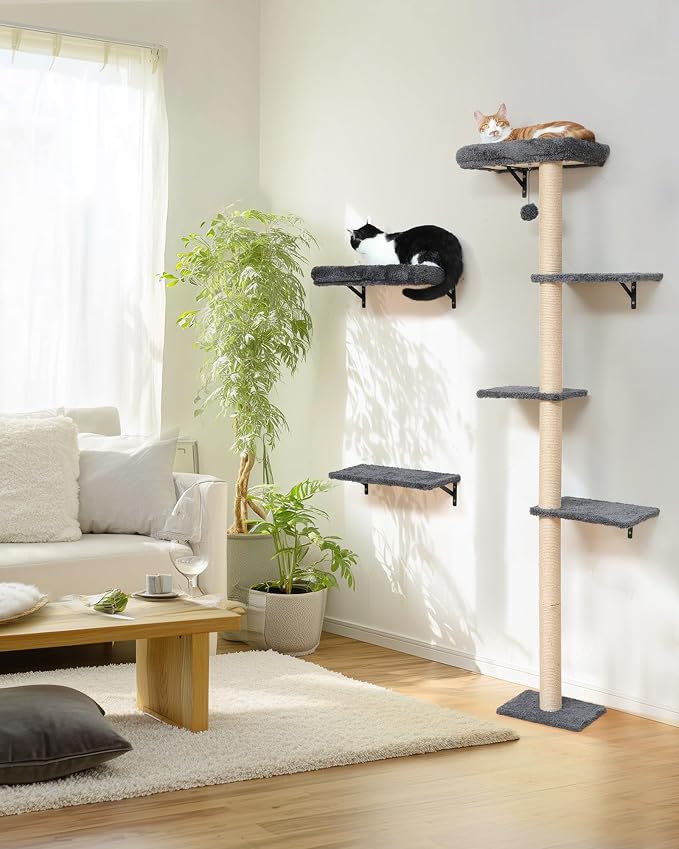 FUKUMARU Cat Wall Shelves Set, 70 inch Wall Mounted Tree, Grey | Kitten Scratching Post with Soft Cushion Perch, Space Saving Climbing Wall Furniture for 16 Inch Drywall - Image 8