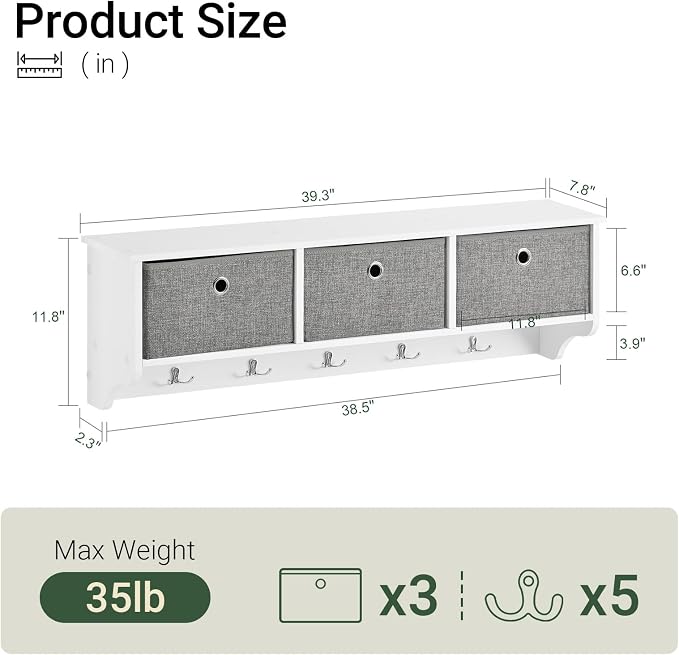 Haotian SoBuy Wall Shelf with Hooks, Coat Rack Wall Mounted with Shelf | Wall Cubby Storage Organizer with 3 open wall cubbies and 5 sturdy hooks, White, FRG282-W - Image 2