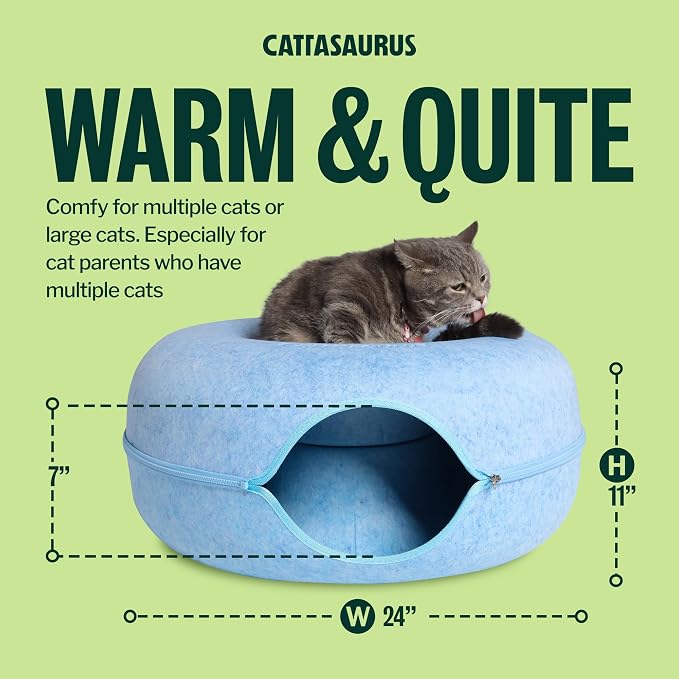 Cattasaurus Peekaboo Cat Cave Donut for Multiple & Large Cats up to 30-45 lbs, 3-in-1 Self Warming Cat Bed, Tunnel & Scratcher for Indoor Cats, Washable & Detachable Small Dog Bed (Blue, Large) - Image 2