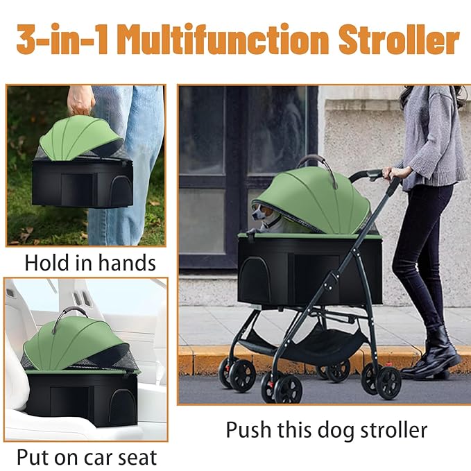 3-in-1 Pet Dog Stroller, Dog Wagon with Removable Carrier, Cat Stroller for Medium Dogs Up to 55lbs (Green)