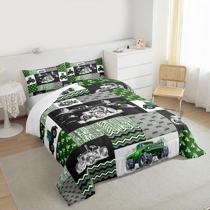 Equipment Trucks Comforter Set Queen, Tractor Down Comforter, Green Vehicle Duvet Set for Child Kids Child Boys Teens Construction Excavator Construction Site Car Quilt Set for Bedroom Decor Gift - Image 6