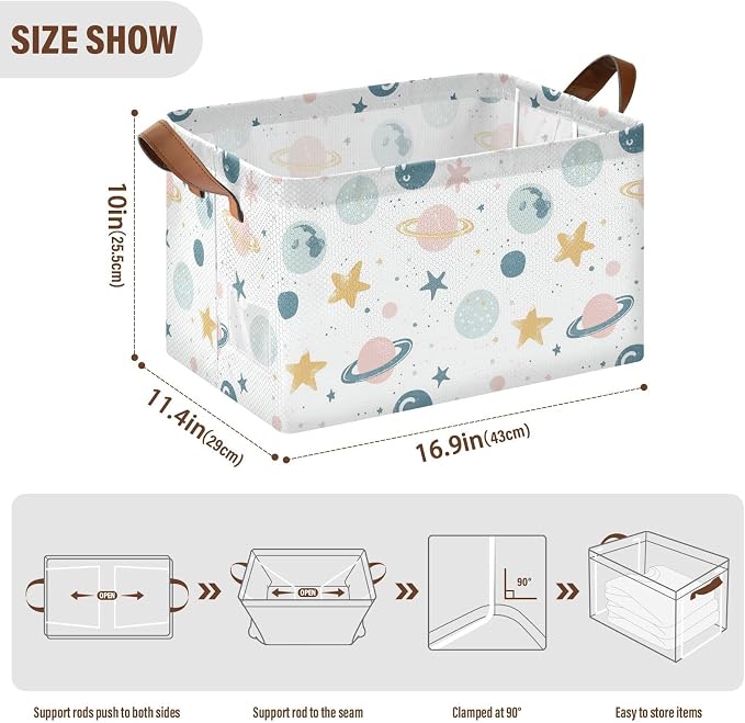 Cute Celestial Stars and Planet Baby Storage Basket with Labels&Handles Rectangular Waterproof Nursery Storage Bins Collapsible Shelf Organizer Baskets for Kids Books Cloth Gift Toys Laundry, 2 Pack - Image 6