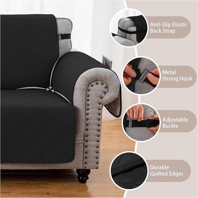 100% Waterproof Couch Cover for Dogs, Washable Anti-Slip Sofa Cover with Elastic Straps & Side Pockets, Quilted Furniture Protector for Kids & Pets (Oversize Sofa 78", Black) - Image 5
