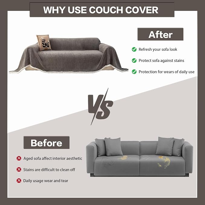 DREAMINGO Striped Chenille Couch Cover Blanket Washable Furniture Protector for Pets/Kids Farmhouse Modern Style Decorative Sofa Throw Cover for Living Room, Pom Pom Trim, Dark Grey, 71"x134" - Image 5