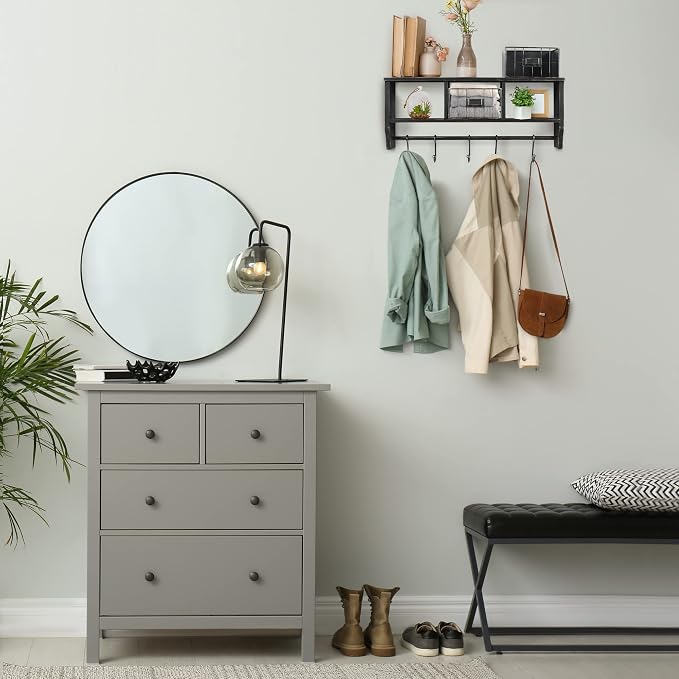 HBCY Creations Wall Mounted Shelf with Coat Hooks and Baskets, Solid Wood Entryway Organizer Wall Shelf with Hooks - Hang Coats, Keys or Coffee Mugs, Rustic Blackwash 24" Wide - Image 7
