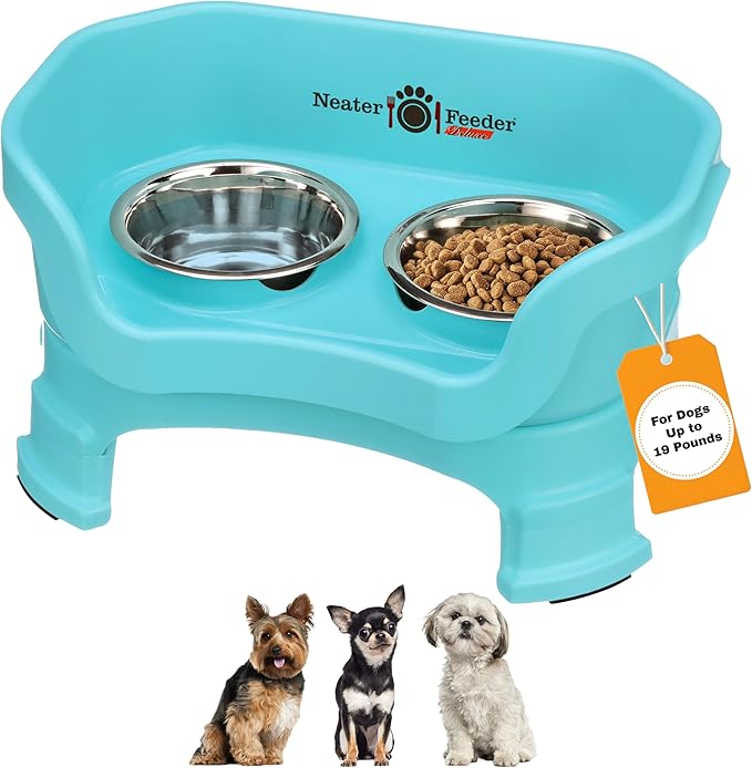Neater Feeder Deluxe Mess-Proof Elevated Dog Bowls for Small Dogs (Up to 19 lbs), 2 Height Adjustable (6” & 7.5”) No-Spill Raised Dog Bowl Stand, Stainless Steel Food Bowl Set, Made in USA, Aquamarine by NeaterPetBrands