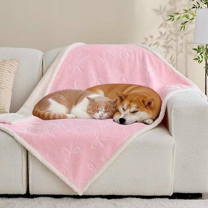 Qeils Pet Blankets for Cats - Waterproof Cat Blanket Washable - Sherpa Fleece Puppy Blanket, Soft Plush Reversible Throw Protector for Bed Couch Car Sofa, 40"X50", Pink Bows - Image 2