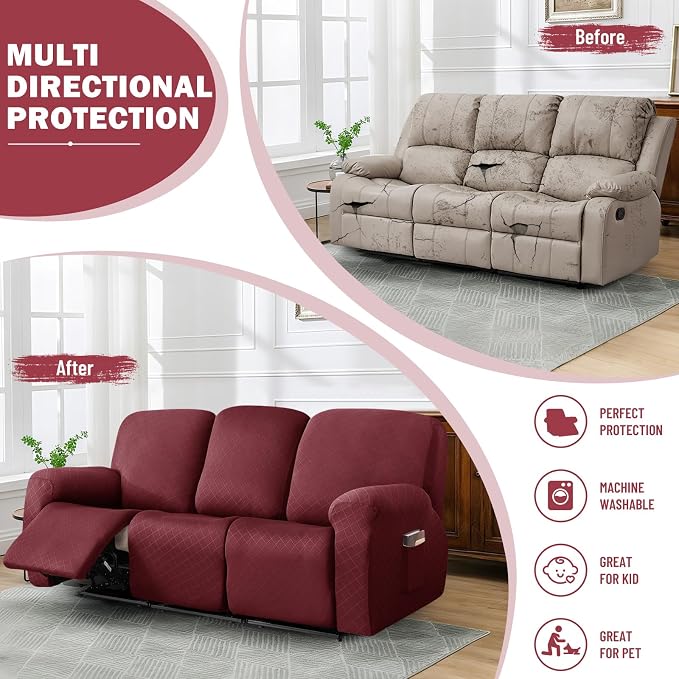 vctops Diamond Recliner Sofa Covers 8-Pieces Stretch Large Couch Covers for 3 Seats Reclining Slipcovers Soft Solid Furniture Protector (Wine Red,3 Seat) - Image 5