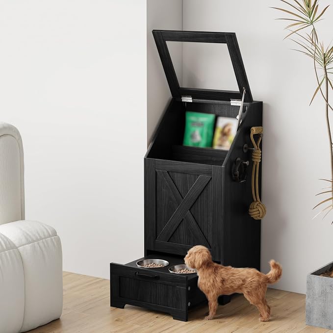 Dog Feeding Station with Storage Cabinet and 2 Elevated Dog Bowls, Hidden Pet Food Storage Organizer for Dog &Cat,Modern Dogs Furniture (Black) - Image 4