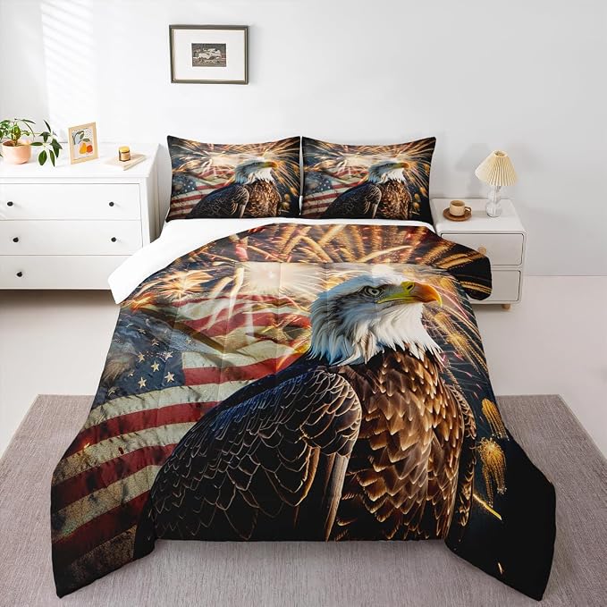 Erosebridal American Flag Comforter Eagle Room Decorative Comforter Set Full Size Firework Bedding Set Wildlife Animal Bird Down Comforter Soft Lightweight Quilt Set with 2 Pillowcases - Image 2