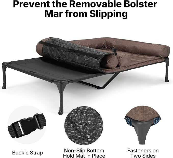 Veehoo Elevated Dog Bed for Two Dogs, Cooling Raised Dog Bed with Removable Waterproof Bolster Mat, 49" x 33" Double Dog Bed, Outdoor & Indoor Pet Cot with Breathable Mesh, Non-Slip Feet, Brown - Image 4