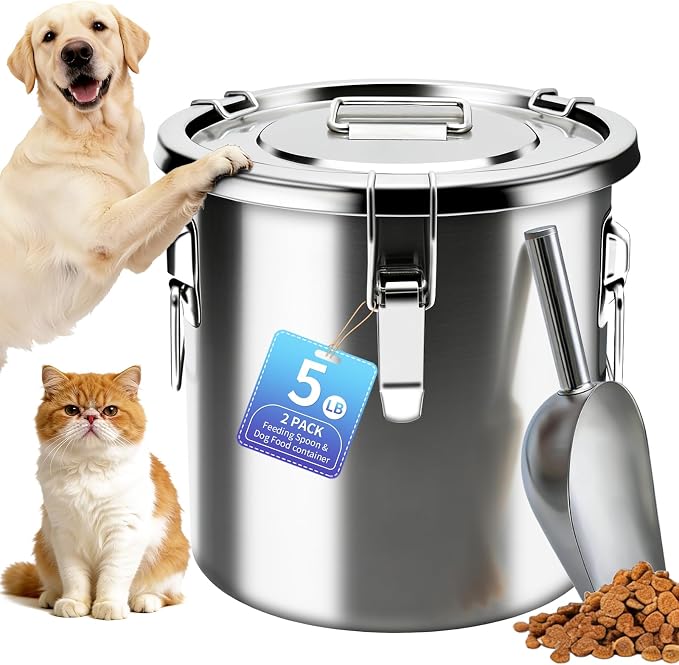 5LB Stainless Steel Dog Food Storage Container, Airtight Metal Pet Food Storage Bin with Lid and Scoop, Large Dog Food Container for Dry Food, Keep Fresh, Easy to Clean by PawtyPets