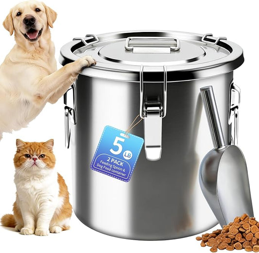5LB Stainless Steel Dog Food Storage Container, Airtight Metal Pet Food Storage Bin with Lid and Scoop, Large Dog Food Container for Dry Food, Keep Fresh, Easy to Clean by PawtyPets