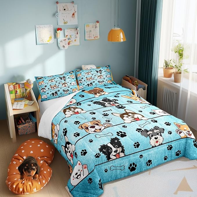 Manfei Cute Dog Comforter Set for Kids Room Decor Cartoon Puppy Pet Animals Bedding Comforter Queen Size Black Paw Print Blue Soft Polyester Quilt Set with 2 Pillowcases - Image 4