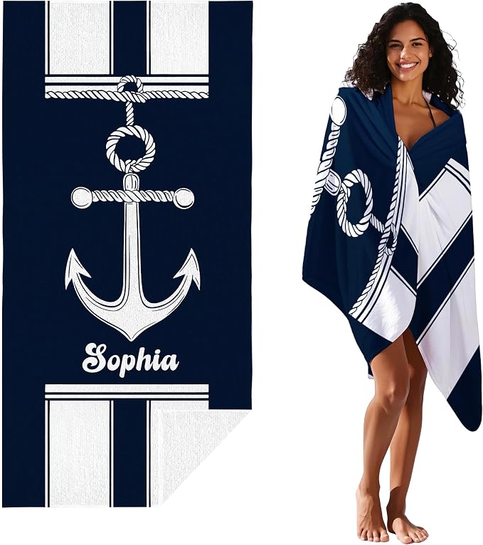 JML Personalized Beach Towel with Name, Custom Anchor Beach Towel, Customized Microfiber Pool Towel, Quick Dry & Absorbent Swim Towel for Adult,Anniversary, Birthday, Summer Holiday,Vacation - Image 2