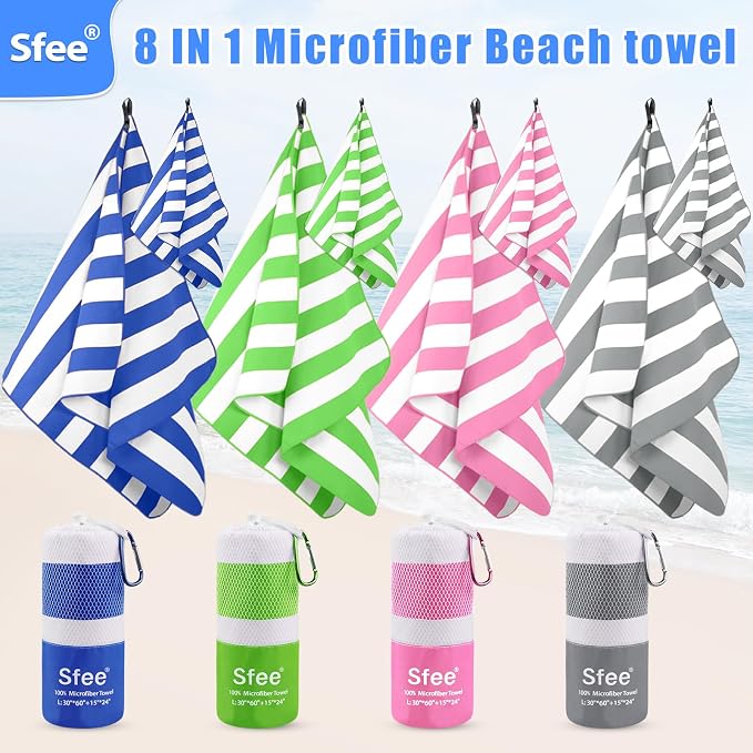 Sfee 4 Pack(8Pcs) Microfiber Travel Towel, Beach Towel Quick Dry Towel Camping Towel Super Absorbent Compact Lightweight Sports Gym Towels for Beach, Gym, Hiking, Pool, Backpacking, Bath, Yoga - Image 2