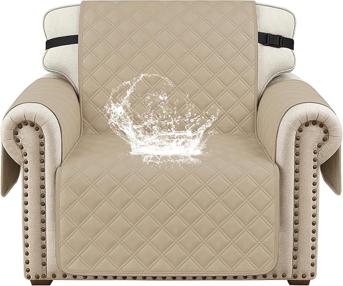 Waterproof Chair Covers for Living Room, Sofa Covers for Pets Washable with Side Pockets, Non Slip Couch Covers for Dogs, Quilted Dog Couch Cover with Elastic Straps (Armchair, Khaki) by CYCMACOHOME