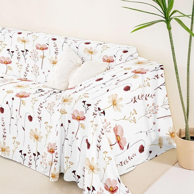 Erosebridal Watercolor Floral Couch Cover Red Beige Flower Sofa Cover Modern Minimalist White Couch Protector 91" X 118" Rustic Farmhouse Washable Non Slip Sofa Protector for Couches and Sofas - Image 5