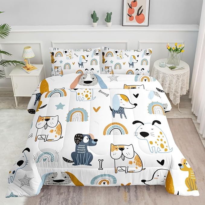 Cartoon Dog Comforter Set Rainbow Bones Printed Bedding Set with 1 Comforter and 2 Pillowcases for Boys and Girls Bedroom All Season(Dog Queen) by SmellSunshine