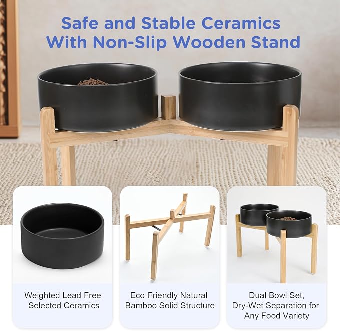 SPUNKYJUNKY Elevated Dog Bowls Ceramic, 8.3'' Dogs Food Water Bowls Raised with Non-Slip Bamboo Stand for Large Sized Breed Microwave Dishwasher Safe - 60 OZ,Black - Image 6