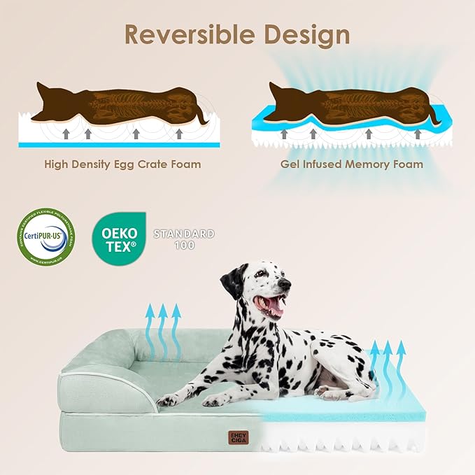 EHEYCIGA Orthopedic Extra Large Dog Bed, Waterproof Washable XL Pet Bed 44" | Non-Slip Bottom and Egg-Crate Memory Foam Big Dog Couch Bed with Washable Removable Cover, Sage Green, 44Inch - Image 4