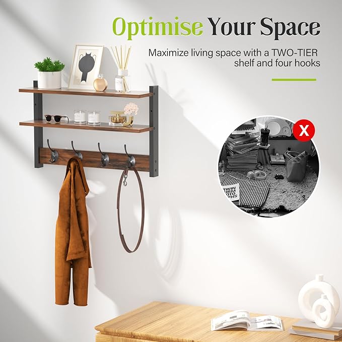 Two-Tier Wall Shelf with Hooks, 17" Coat Rack Wall Mount with Shelf, Key Hooks for Wall with Heavy Duty Double Hooks, Coat Hook Wall Mounted for Bedroom, Living Room, Rustic Brown - Image 6