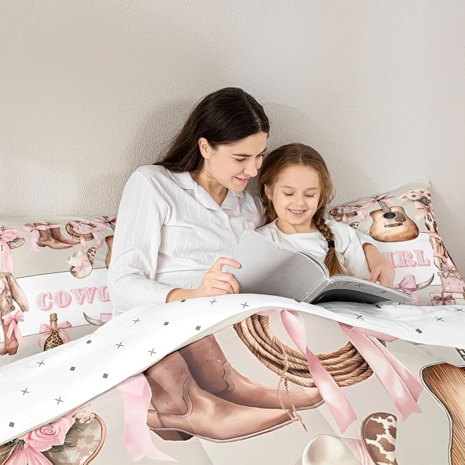 Manfei Pink Bowknot Cowgirl Comforter Set King Size,Retro Farmhouse Guitar Bedding Set for Kids Girls Boys Room Decor,Girly Bows Horse Soft Duvet Insert for All Season,2 Pillowcase,Beige Pink - Image 3