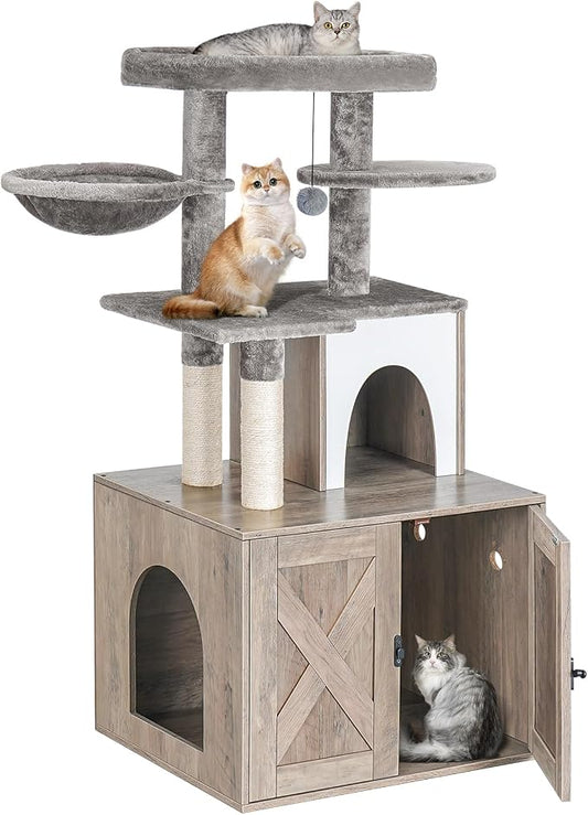 Snughome Cat Litter Box Enclosure with Tree Tower and Condo, Hidden Washroom Furniture with Sisal Scratching Post and Soft Plush Perch, Wooden Cat Furniture with Multiple Platforms, Grey by Snughome