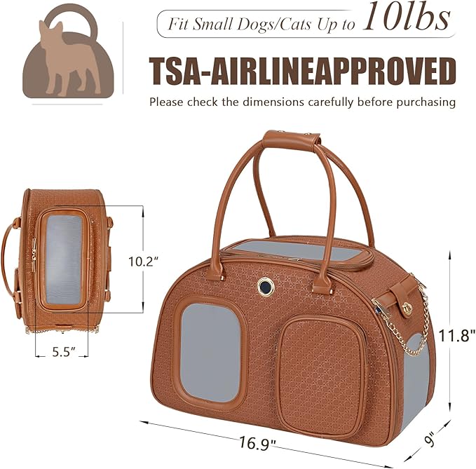 Stylish Luxury Dog Carrier Purse for Small Dogs, Ventilated Pet Soft-Sided Dog Cat Carrier Travel Tote Bag for Puppies Small Animals with Pockets (Brown, 16.9inch x 9inch x 11.8inch(LxWxH))