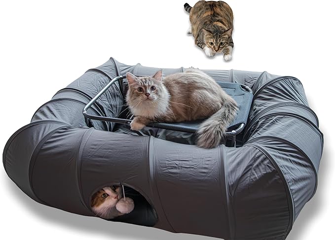 XxingSheep 2-Tier Cat Tunnel & Hammock Bed XXL, 4 Cave Shuttle with Elevated for Multiple Cats Toy Dark Grey by XxingSheep
