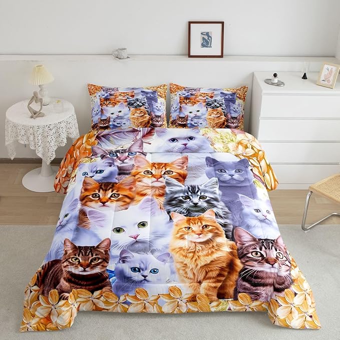 Feelyou Cats Comforter Set Cute Cat Animal Printed Bedding Set for Kids Boys Girls Pet Cat Design Comforter Lovely Floral Orange Quilt with 2 Pillowcases 3Pcs Bedding Full Boys by Feelyou