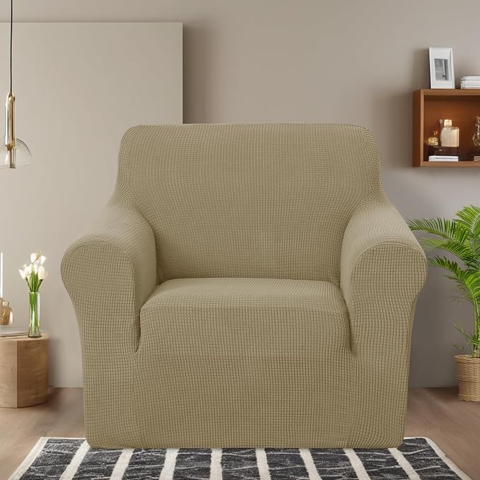 U-NICE HOME Stretch Couch Cover Slipcover for 3 Cushion Sofa, Sand | 1-Piece Sofa cover, Washable, Pet friendly, Furniture protector, Polyester Spandex Jacquard fabric - Image 2