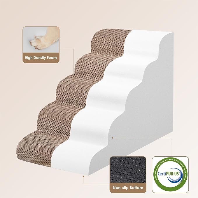 EHEYCIGA Curved Dog Stairs Ramp for High Beds, 5-Step Extra Wide Dog Steps for Small Dogs and Cats, Pet Stairs for High Bed Climbing, Non-Slip Balanced Pet Step Indoor, Camel - Image 2