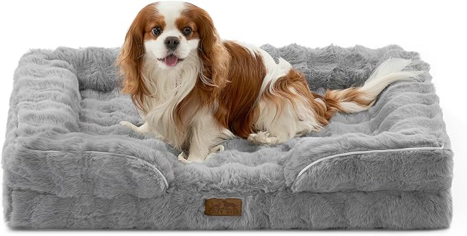 COZY KISS Orthopedic Dog Bed for Large Medium Size Dog, Soft and Warm Faux Fur Sofa for Pet Up to 75 lbs, Foam Bolster Anti-Slip Couch with Washable Removable Cover, L 36x27x6.5 inch, Grey by COZYKISS