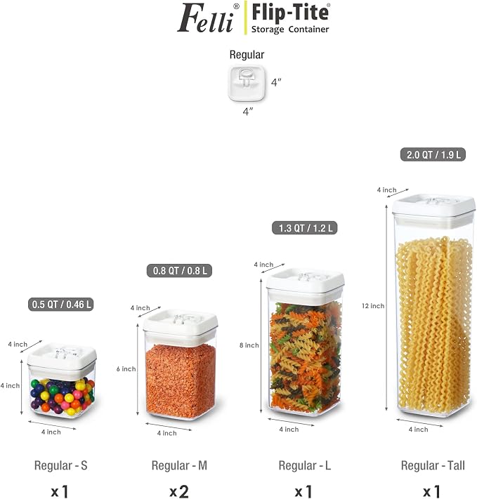 Felli Flip Tite Storage Container with Lid 4" Airtight Ring Seal Top, Stackable Acrylic Canister Jar Set for Kitchen Pantry Organizer, Food Spice Pasta Snack (5pk, Variety) - Image 5