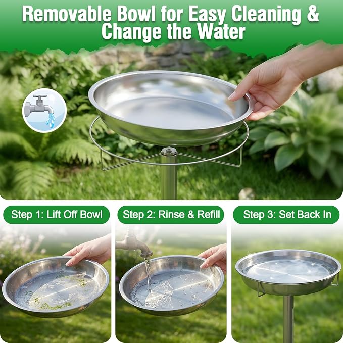 tinnmao 304 Stainless Steel Bird Bath for Outside, 40 Inch Tall Freestanding Metal Birdbath & Feeder with Removable Bowl for Garden Yard Patio Lawn - Image 4