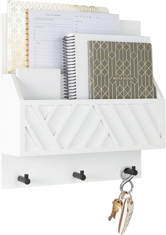 BLU MONACO | Wall Mount Key Holder with Mail Organizer | Wooden Command Center with 3 Hooks and 2-Tier Letter Pockets | Entryway Mail Sorter & Key Rack | White Geometric Wall Organizer for Office Home by Blu_Monaco