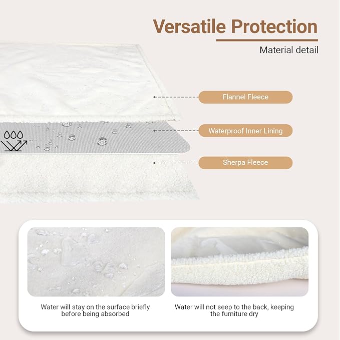 Waterproof Dog Blanket for Large Dogs - Reversible Washable Pet Blanket, Soft Sherpa Fleece Furniture Protector, Cat Throw Bed Couch, Cream, 60"x80" - Image 3
