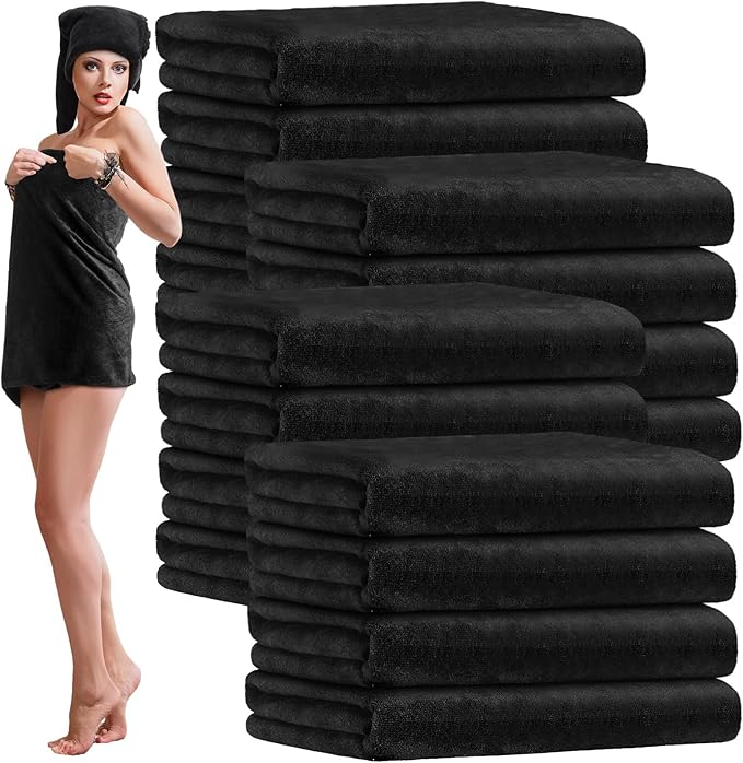 SmoothNovelty 16 Pack Microfiber Bath Towels Bulk 27'' x 60'' Oversized Beach Towel Highly Absorbent Extra Large Soft Drying for Shower Pool Salon Sauna Bathroom Gym Party (Simple,Black) by SmoothNovelty
