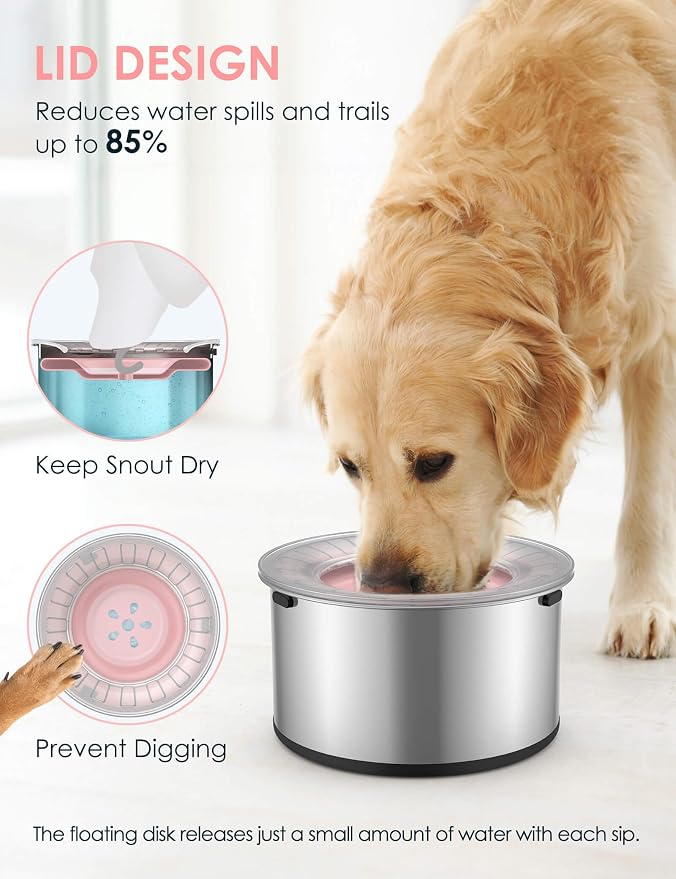 Heouvo 1 Gallon No Spill Dog Water Bowl with Slow Drink Floating Disk(Pink) | Splash-Proof Lid + Stainless Steel Bowl/Rubber Bottom/Slobber Stopper Water Bowl for Large Sloppy Messy Drinkers Reduce Mess - Image 4