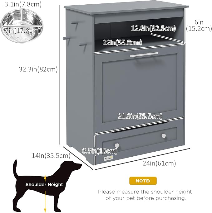 PawHut Dog Feeding Station with Raised Bowls, Pet Feeder Station, Gray | Dog Food Storage Cabinet, Hanger for Feeding & Watering Supplies - Image 7