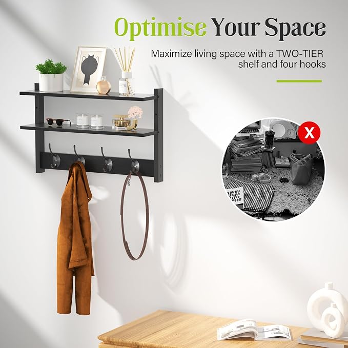 Two-Tier Wall Shelf with Hooks, 17" Coat Rack Wall Mount with Shelf, Entryway Key Hooks for Wall with Heavy Duty Double Hooks, Coat Hook Wall Mounted for Bedroom, Living Room, Black - Image 4