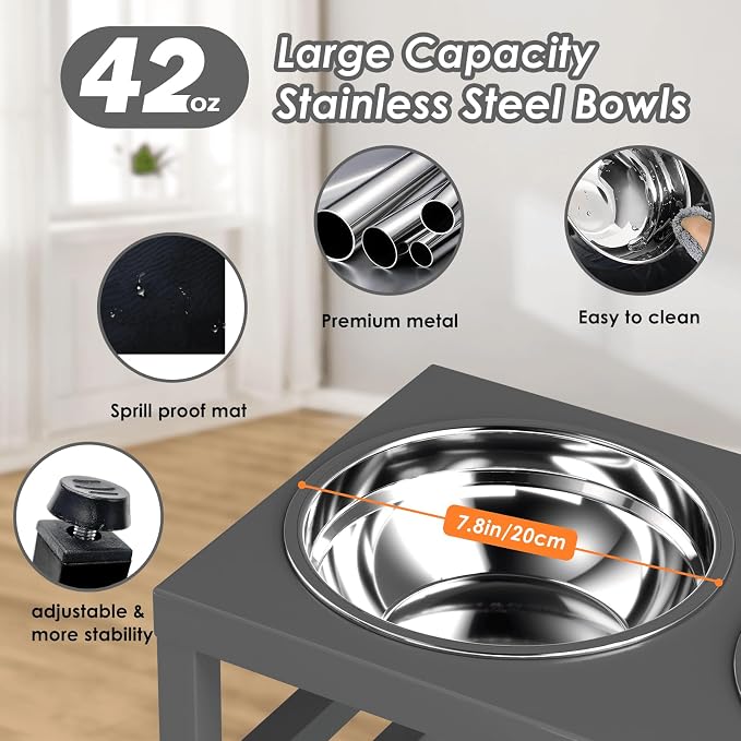 ADENGL Metal Raised Dog Bowl, 10" Height Tall Elevate Dog Feeder Stand with 2 Stainless Steel 42oz Bowls & 16x24 Non-Slip Mat – Stronger Dogs Food & Water Bowl Stand (Grey) - Image 3