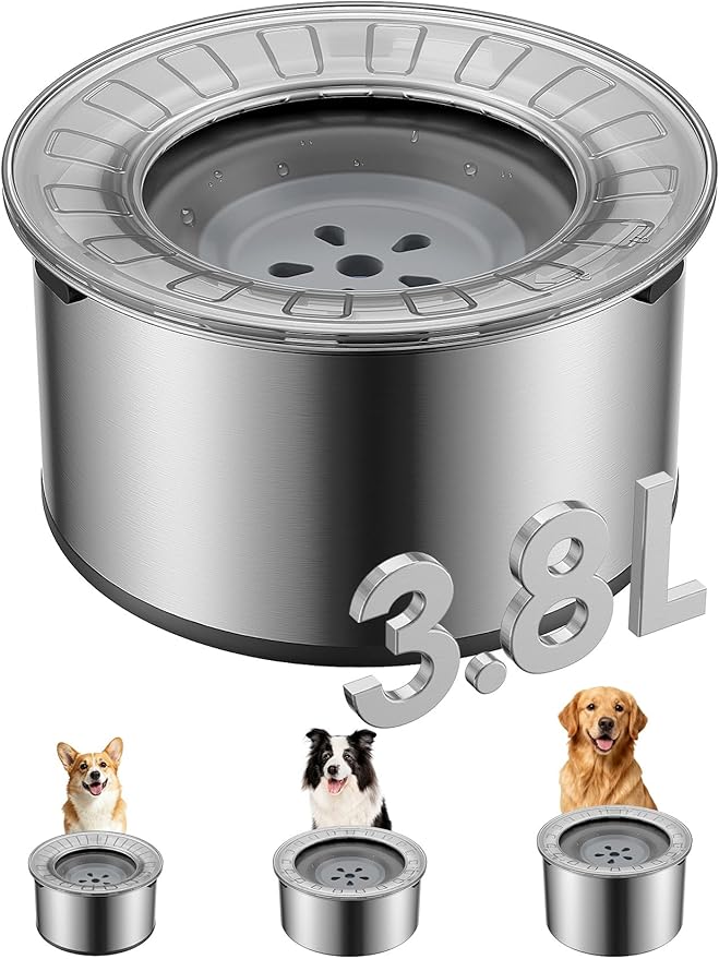 Heouvo 1 Gallon No Spill Dog Water Bowl with Slow Drink Floating Disk(Gray) | Splash-Proof Lid + Stainless Steel Bowl/Rubber Bottom/Slobber Stopper Water Bowl for Large Sloppy Messy Drinkers Reduce Mess by Heouvo