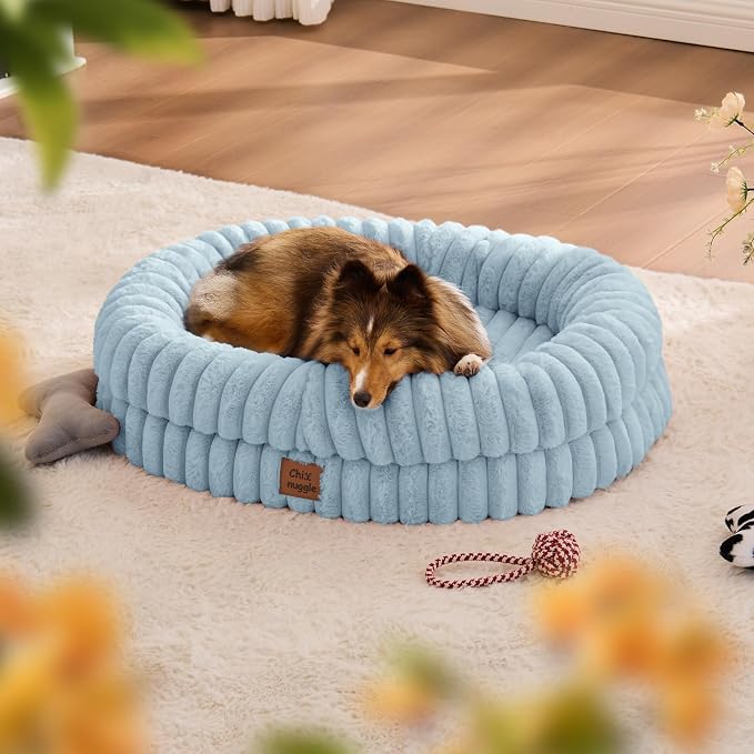 ChiXnuggle Orthopedic Dog Bed, Washable Cover, Faux Fur Bolster Pet Couch | waterproof,egg crate foam,non-slip bottom,for small medium dogs,light blue,30*24*7,dog sofa,puppy bed - Image 3