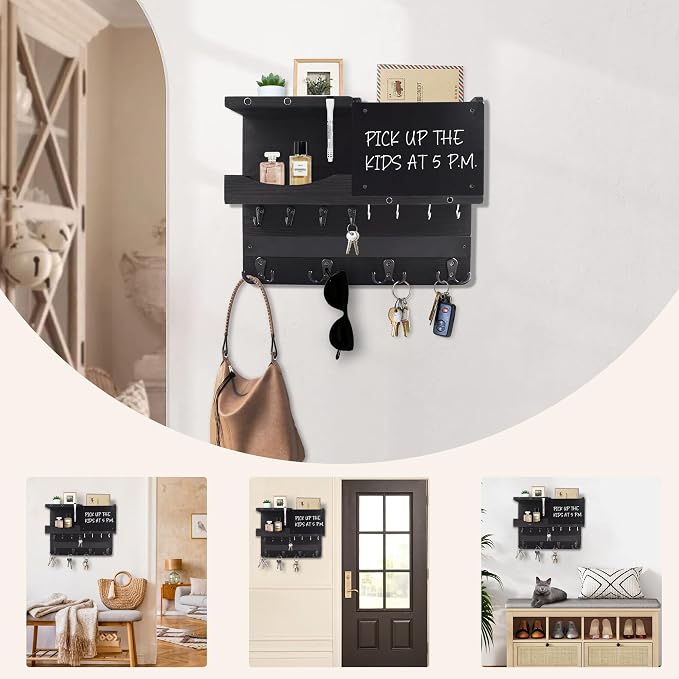 Key Holder for Wall Mount with Shelf and Mail Organizer, Key and Mail Holder with 16 Hooks, Farmhouse Entryway Organizer, Home Decor Rack (Pine Wood, Black) - Image 8