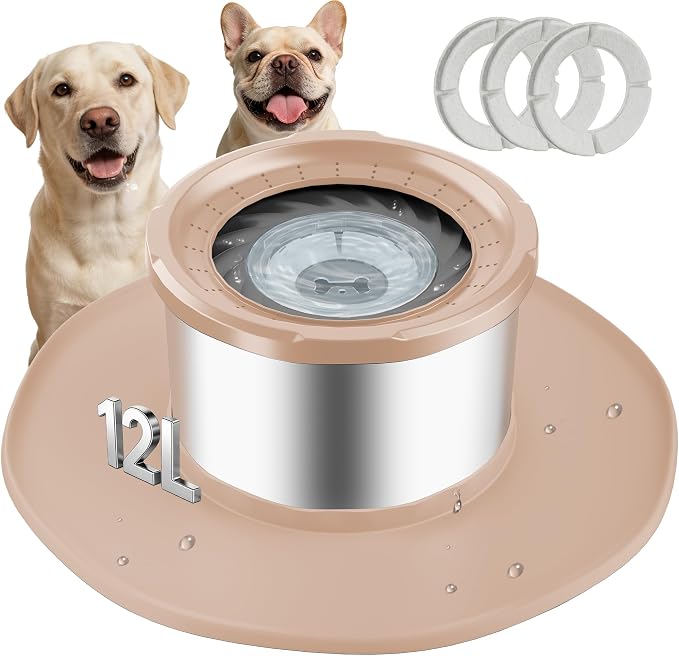 Decflow 12L No Spill Dog Water Bowl for Large Dogs, Stainless Steel Spill Proof Bowls with Suction Cup Anti-Skid Mat, Slow Feeder for Messy Drinkers, Heavy Duty Pet Bowls for Indoor/Outdoor Beige by Decflow
